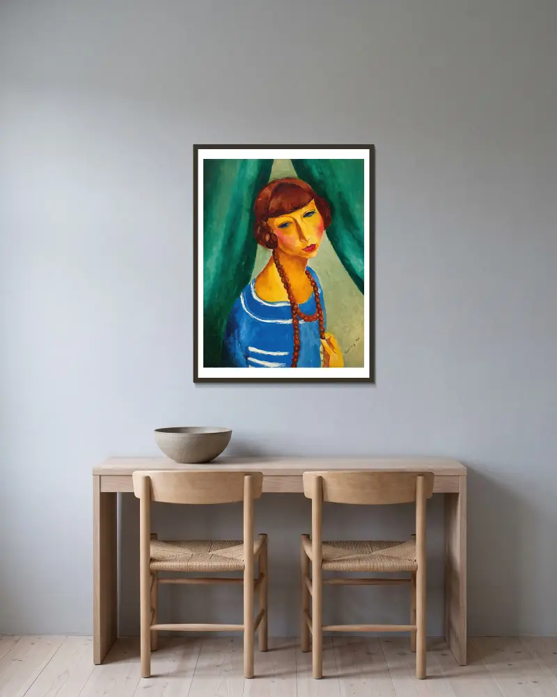 Portrait de Marguerite Gros, sœur de Mme Renée Kisling av Moïse Kisling inramad på en vägg