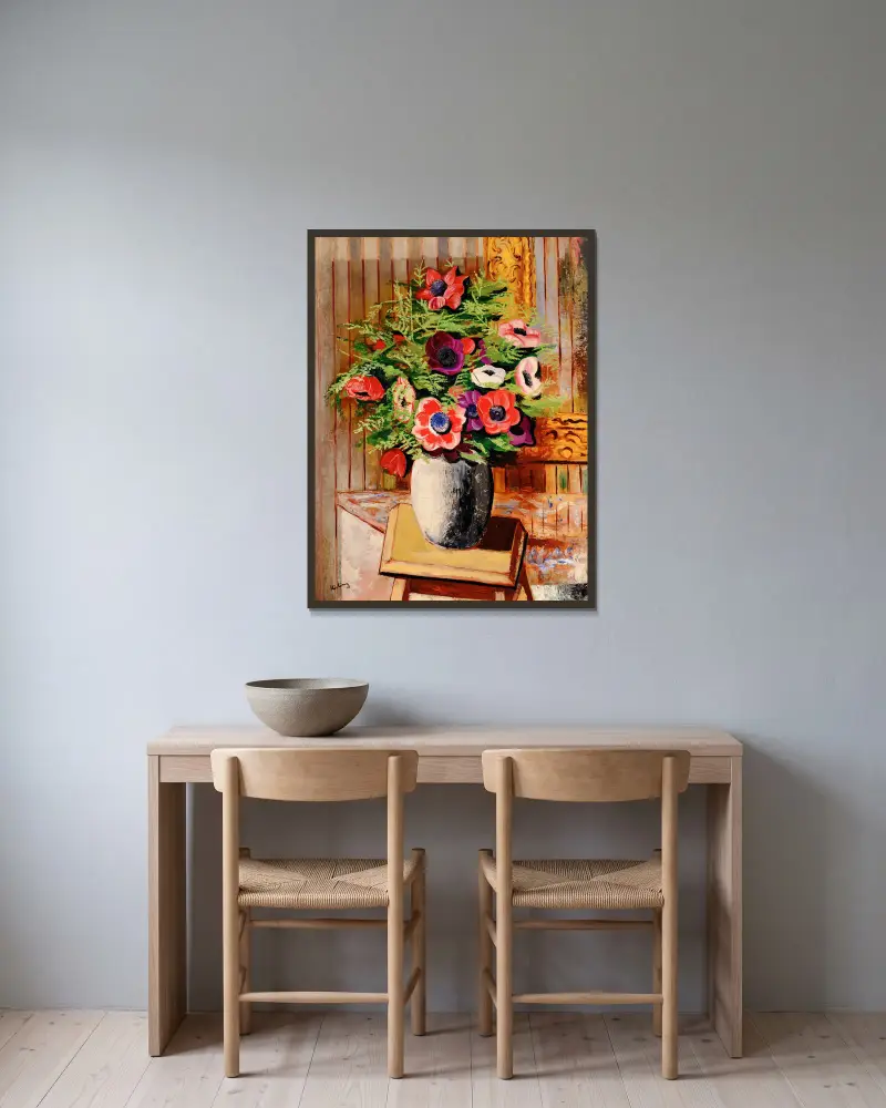 Vase de fleurs sur un tabouret av Moïse Kisling inramad på en vägg