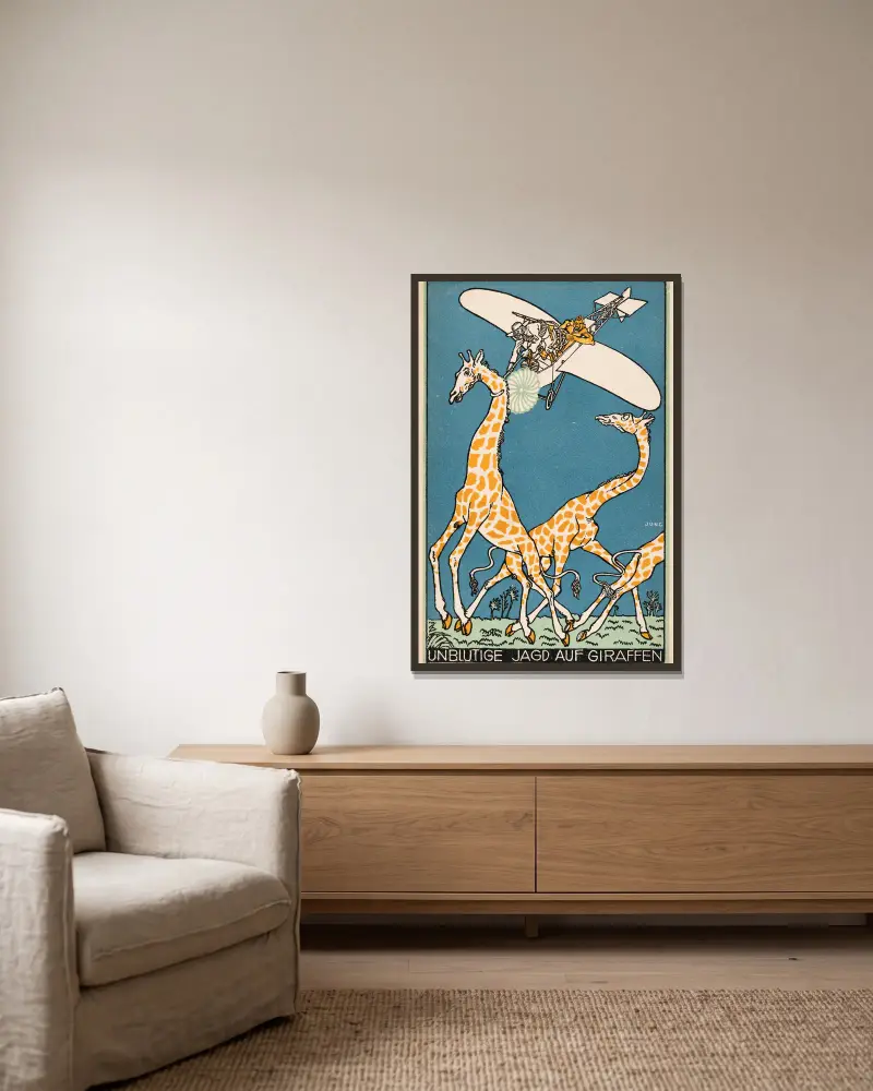 Nr. 339: Unblutige Jagd auf Giraffen von Moriz Jung gerahmt an einer Wand