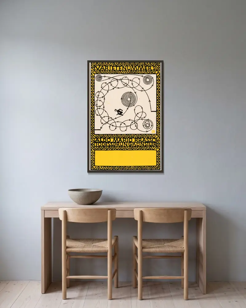 Nr. 86: ‘Varieténummer 9: Aldo Mario Brasso, Todessprungkünstler’ av Moriz Jung inramad på en vägg