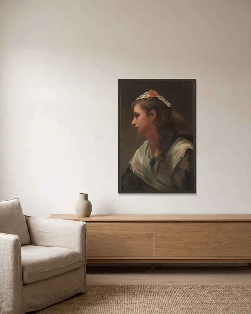 His First Model-Miss Russell av William Morris Hunt inramad på en vägg
