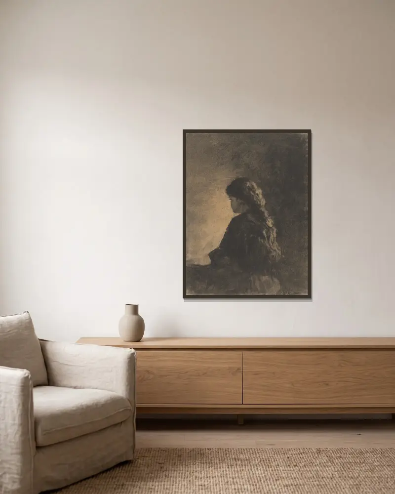 Sitzendes Mädchen von William Morris Hunt gerahmt an einer Wand