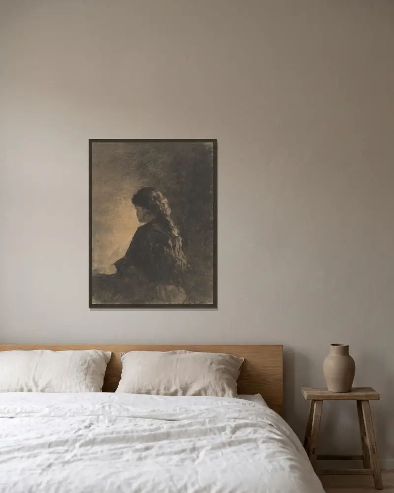 Sitzendes Mädchen von William Morris Hunt gerahmt an einer Wand