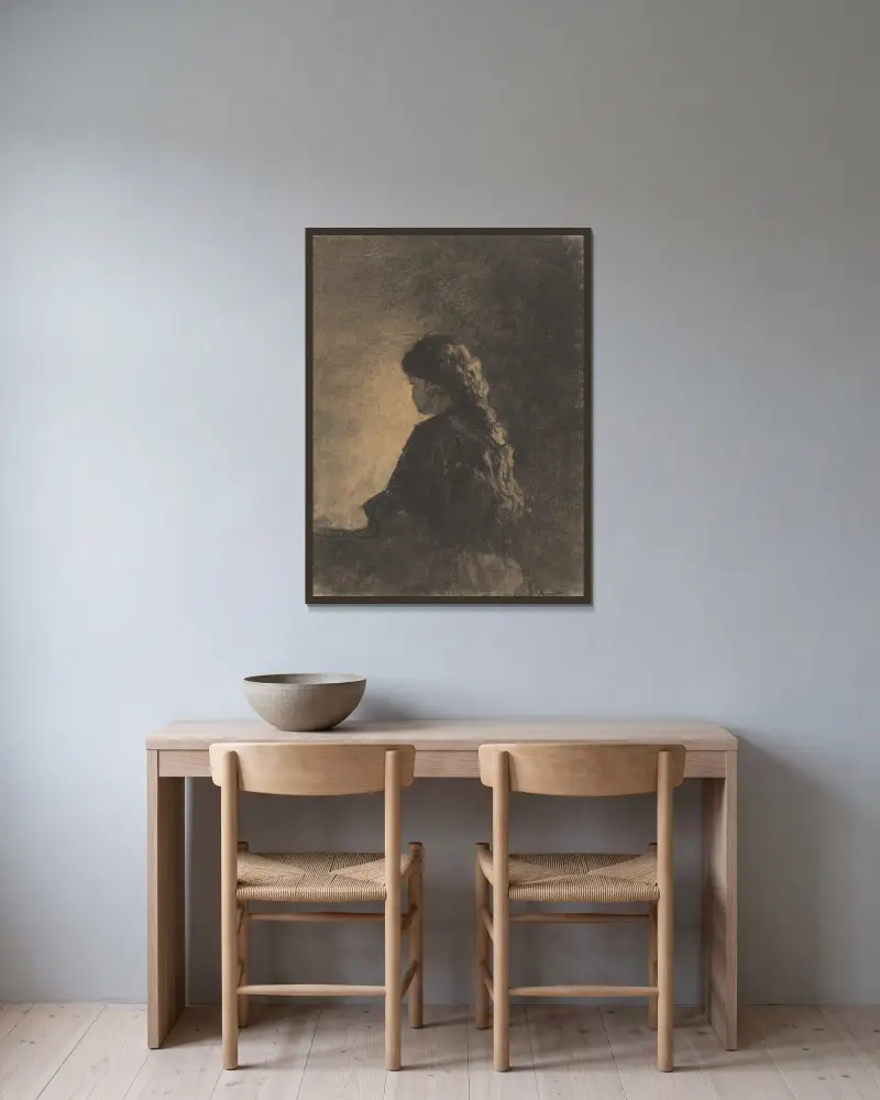 Sitzendes Mädchen von William Morris Hunt gerahmt an einer Wand
