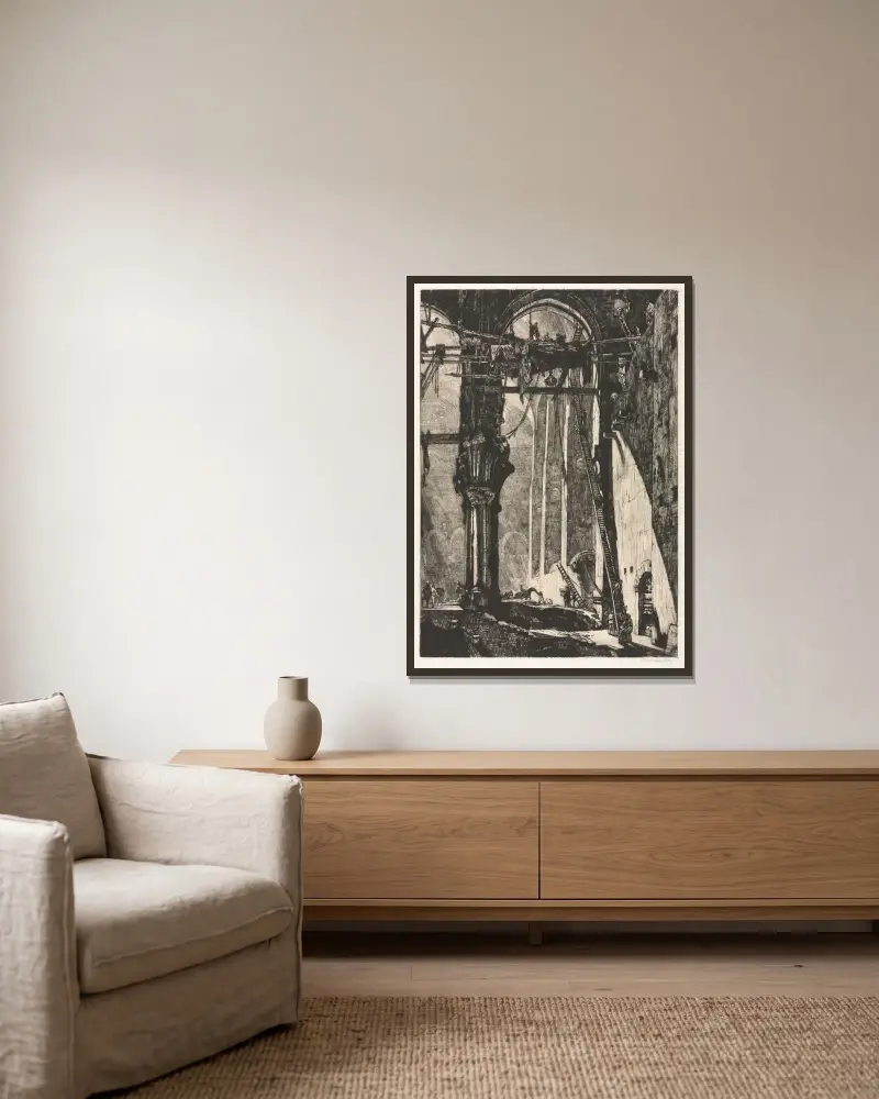 Abriss der St. James Hall, Innenansicht von Muirhead Bone gerahmt an einer Wand