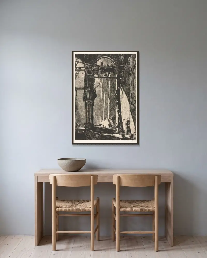 Abriss der St. James Hall, Innenansicht von Muirhead Bone gerahmt an einer Wand