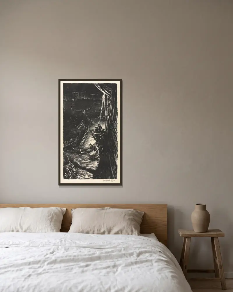 Půlnoc v Benátkách, Muirhead Bone v rámu na stěně