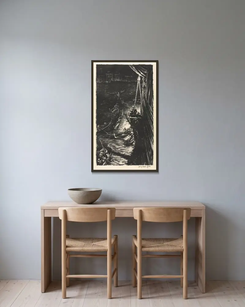 Půlnoc v Benátkách, Muirhead Bone v rámu na stěně