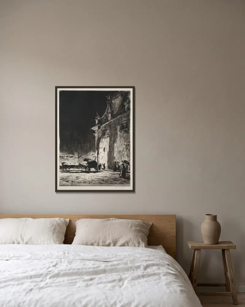 Regnerische Nacht in Rom von Muirhead Bone gerahmt an einer Wand