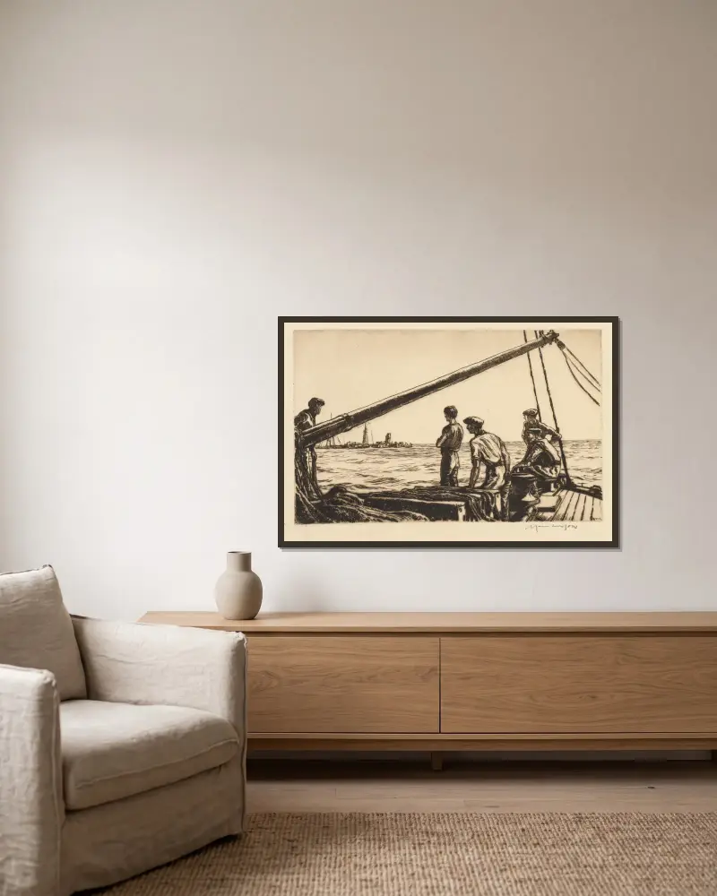 Salvage Men Approaching a Torpedoed Ship av Muirhead Bone inramad på en vägg