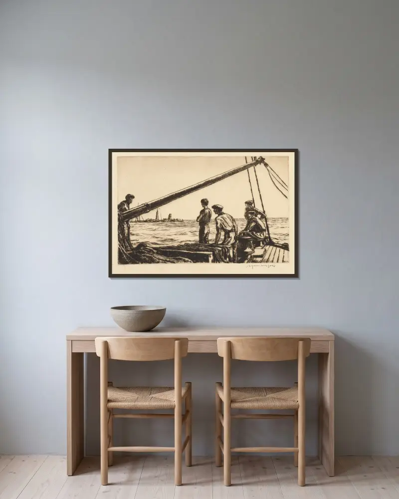 Salvage Men Approaching a Torpedoed Ship av Muirhead Bone inramad på en vägg