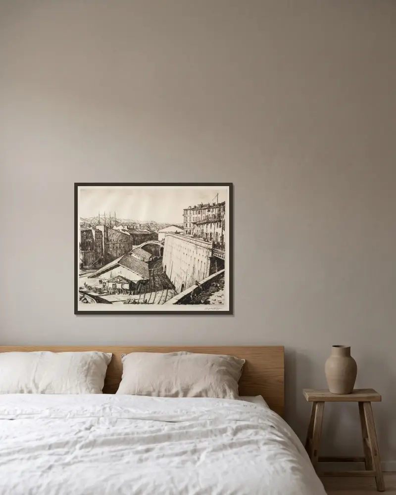 Železniční hala, Marseille, Muirhead Bone v rámu na stěně