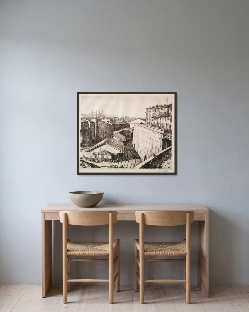 Železniční hala, Marseille, Muirhead Bone v rámu na stěně