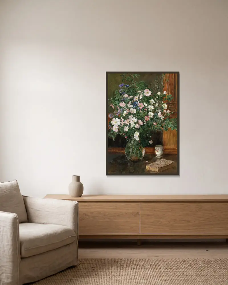 Wild Briar Roses av Anna Munthe-Norstedt inramad på en vägg