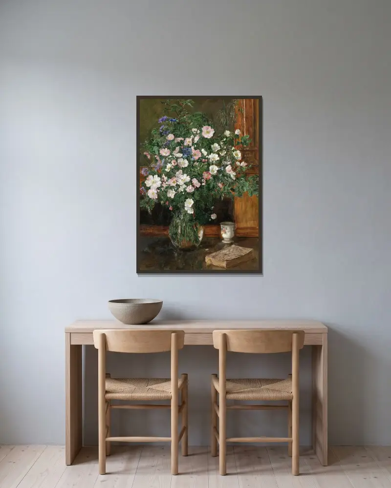 Wild Briar Roses av Anna Munthe-Norstedt inramad på en vägg