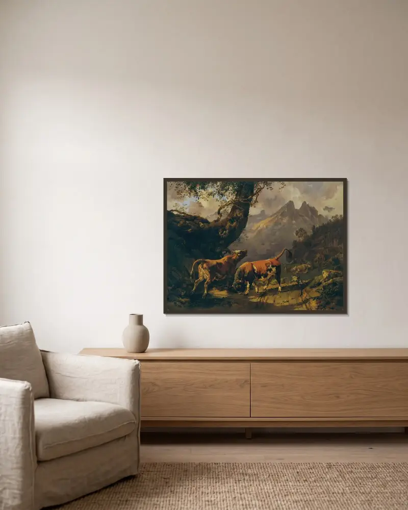 Stier, eine Kuh verfolgend, im Hintergrund Landschaft bei Carrara von Johann Nepomuk Rauch gerahmt an einer Wand