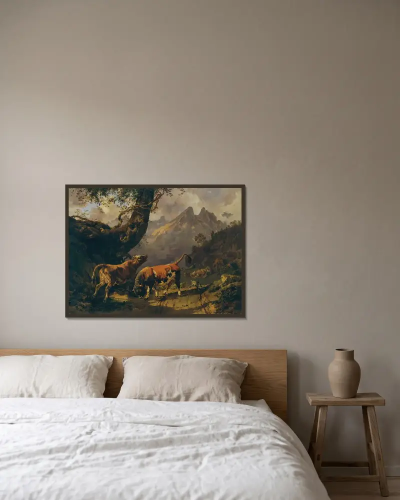 Stier, eine Kuh verfolgend, im Hintergrund Landschaft bei Carrara von Johann Nepomuk Rauch gerahmt an einer Wand