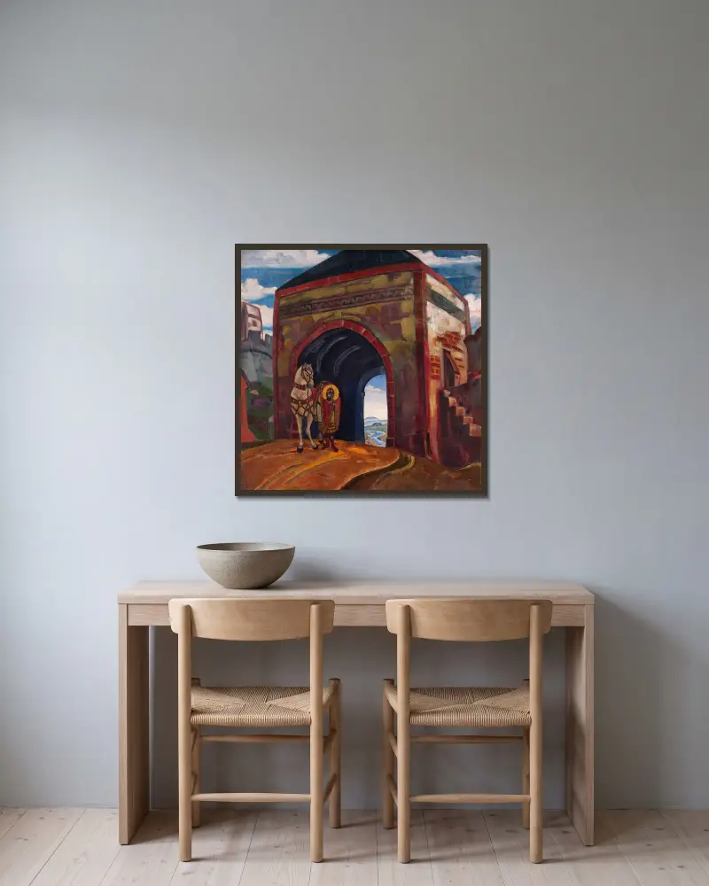 Sankt Merkurius av Smolensk av Nicholas Roerich inramad på en vägg