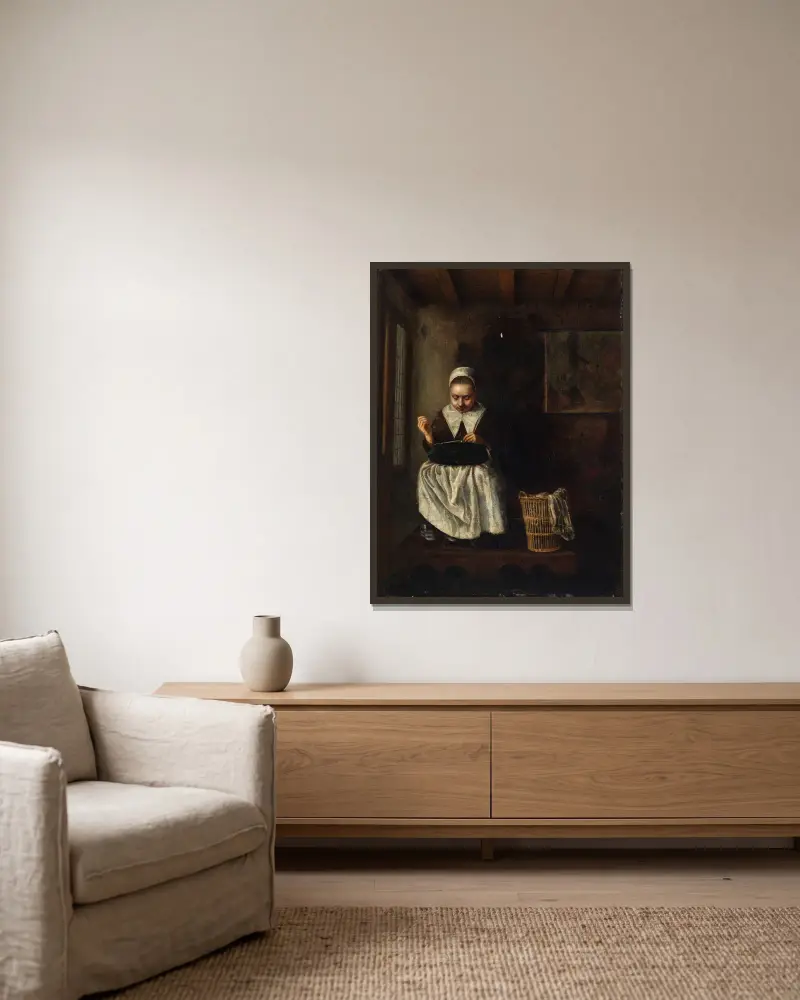 A Girl Sewing av Nicolaes Maes inramad på en vägg