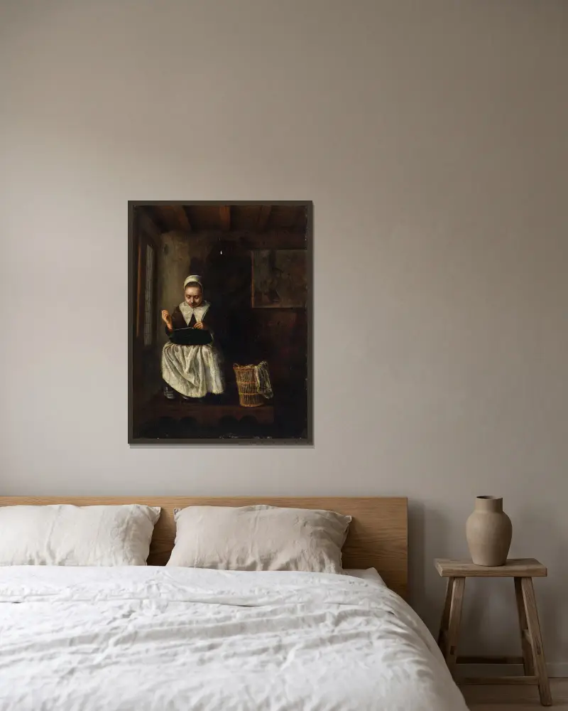 A Girl Sewing av Nicolaes Maes inramad på en vägg
