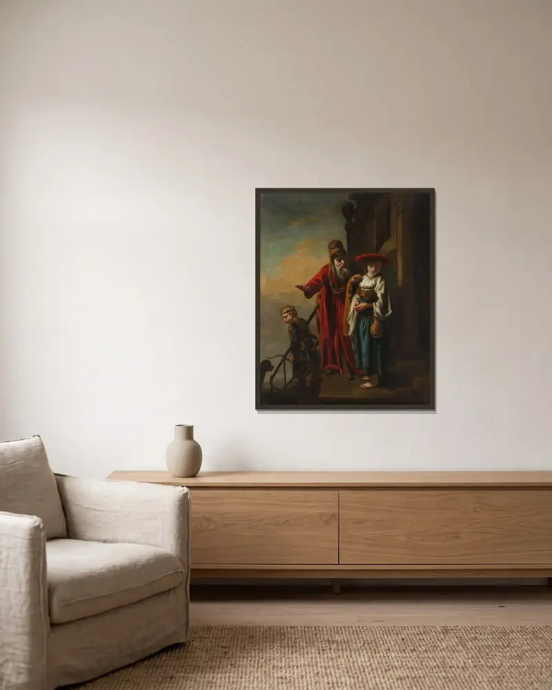 Abraham avvisar Hagar och Ismael av Nicolaes Maes inramad på en vägg