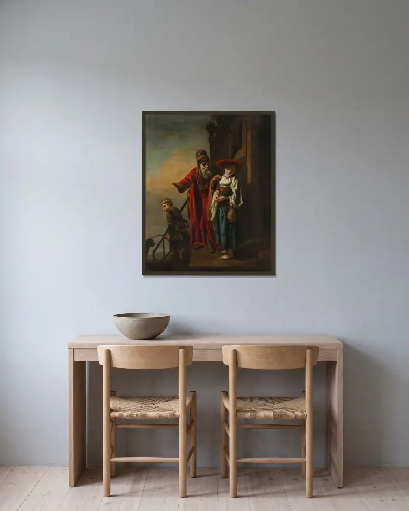 Abraham avvisar Hagar och Ismael av Nicolaes Maes inramad på en vägg