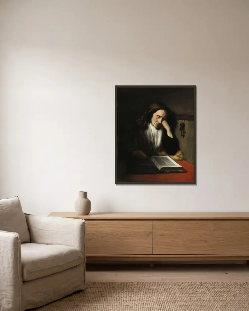Eine alte Frau, über einem Buch schlummernd von Nicolaes Maes gerahmt an einer Wand