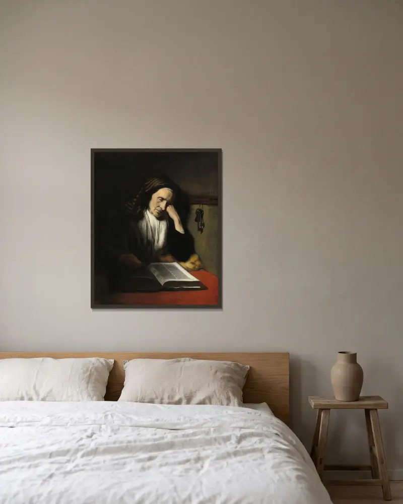 Eine alte Frau, über einem Buch schlummernd von Nicolaes Maes gerahmt an einer Wand