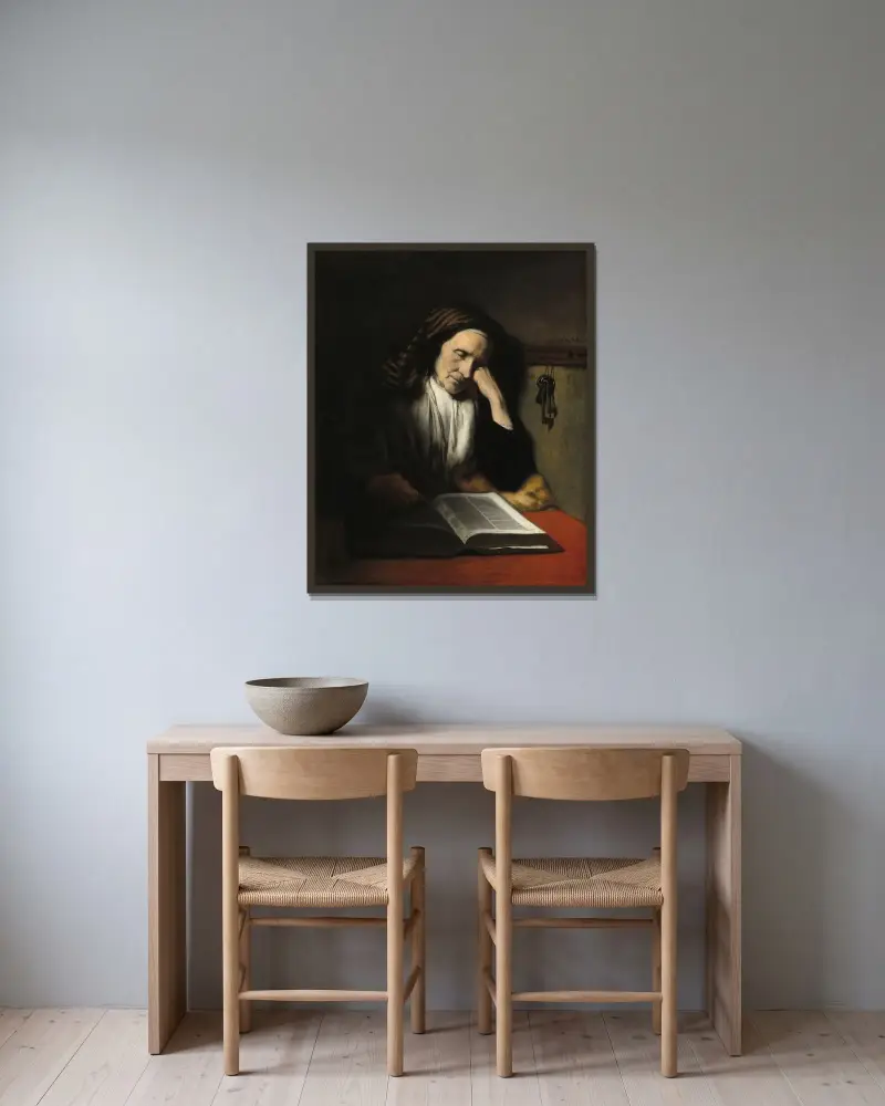Eine alte Frau, über einem Buch schlummernd von Nicolaes Maes gerahmt an einer Wand