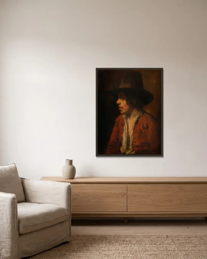 Fischerjunge von Nicolaes Maes gerahmt an einer Wand