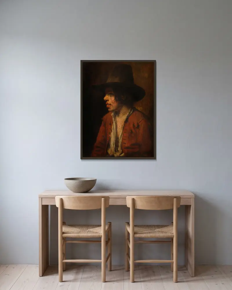 Fischerjunge von Nicolaes Maes gerahmt an einer Wand