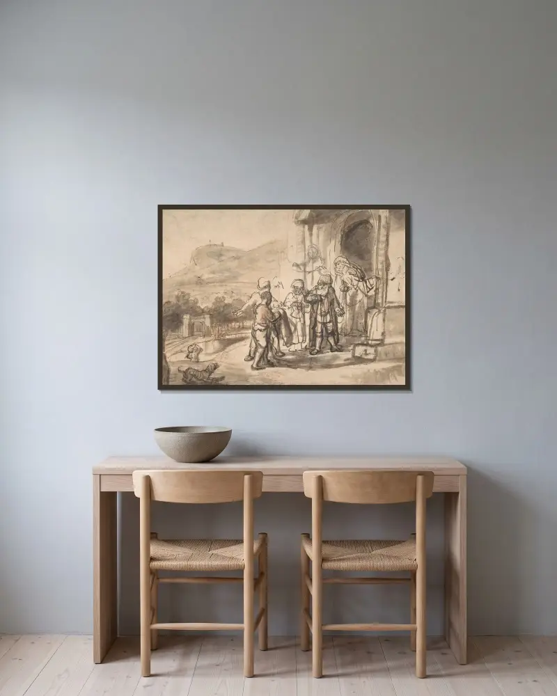 Jakob tar emot Josefs blodiga mantel av Nicolaes Maes inramad på en vägg