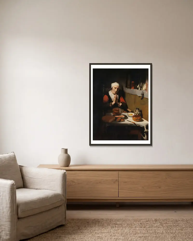 Alte Frau beim Tischgebet, bekannt als „Das Gebet ohne Ende“ von Nicolaes Maes gerahmt an einer Wand