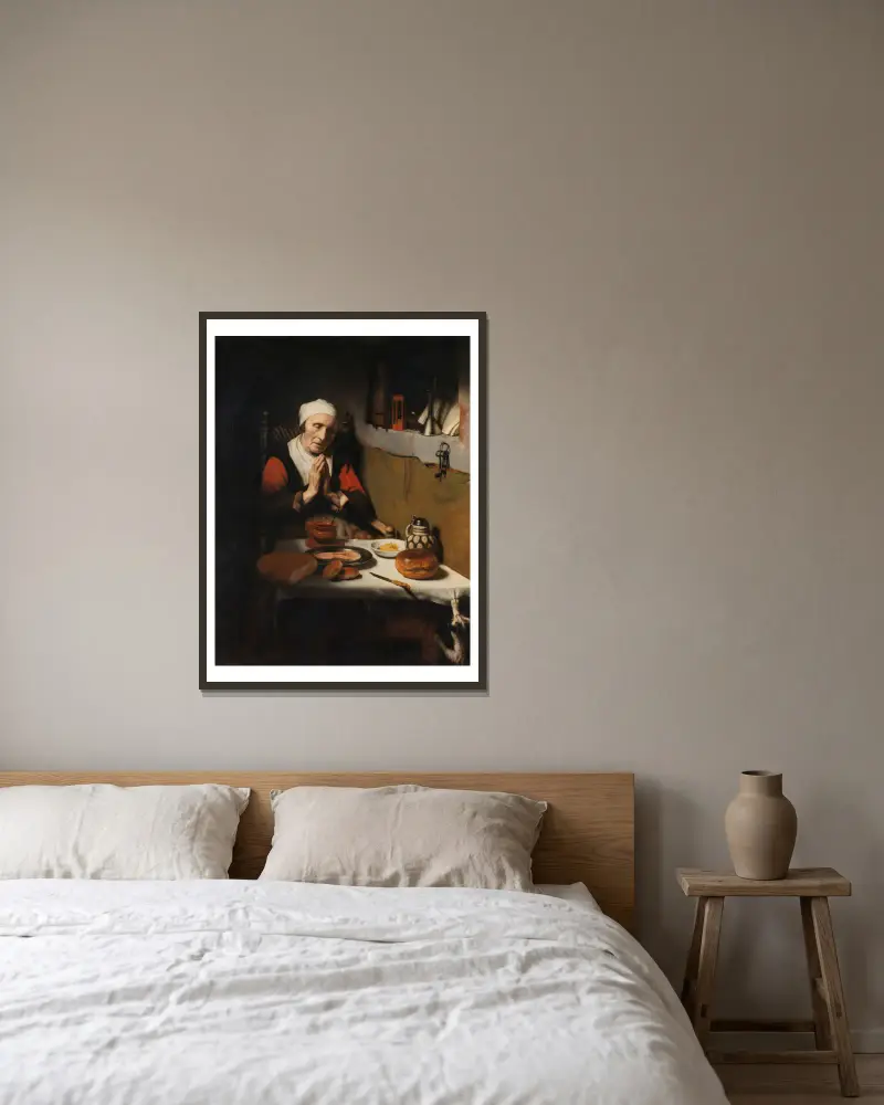 Alte Frau beim Tischgebet, bekannt als „Das Gebet ohne Ende“ von Nicolaes Maes gerahmt an einer Wand