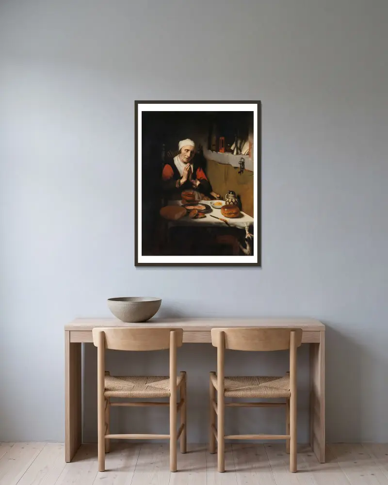 Alte Frau beim Tischgebet, bekannt als „Das Gebet ohne Ende“ von Nicolaes Maes gerahmt an einer Wand