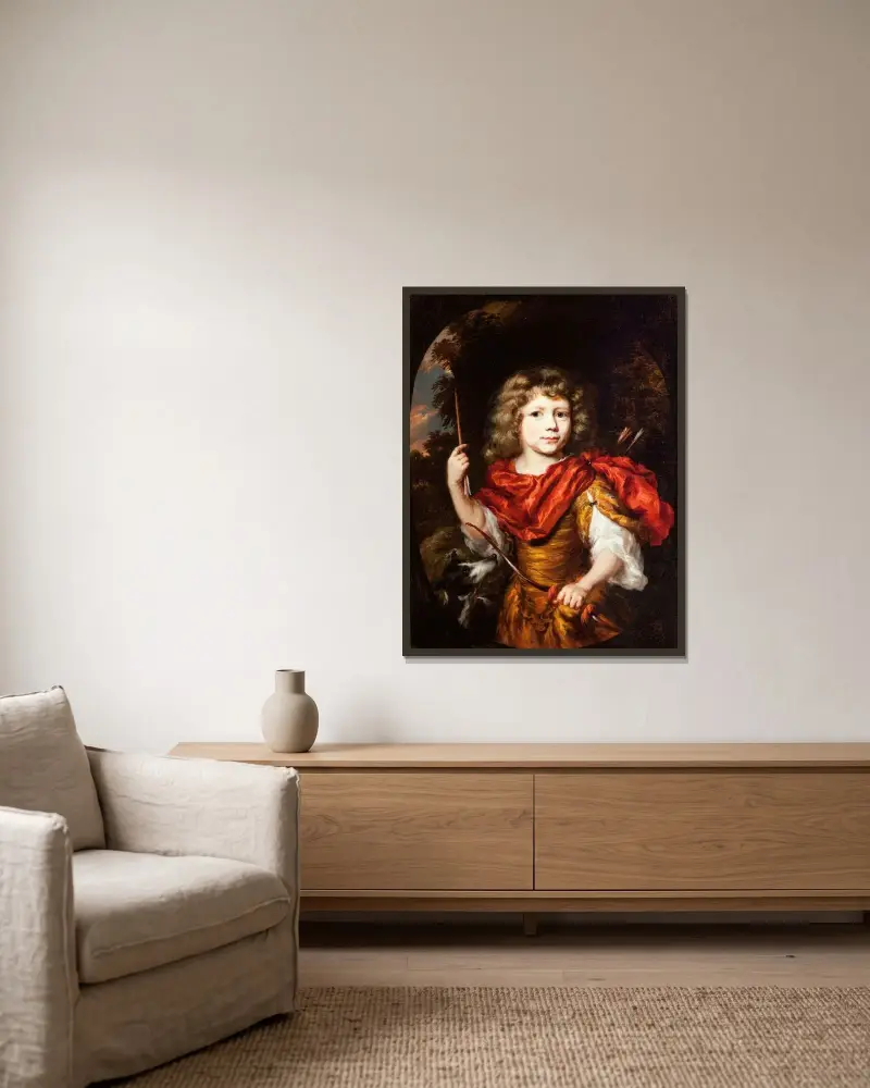 Porträtt av en pojke med pilbåge och hund (Amor) av Nicolaes Maes inramad på en vägg