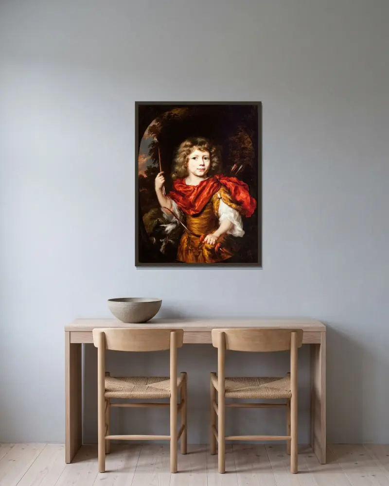 Porträtt av en pojke med pilbåge och hund (Amor) av Nicolaes Maes inramad på en vägg