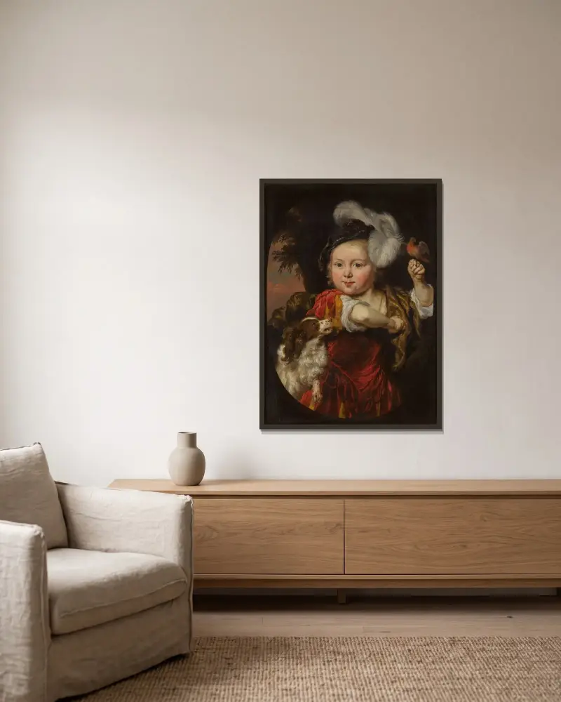 Portret chłopca z gilem i spaniellem, Nicolaes Maes w ramie na ścianie