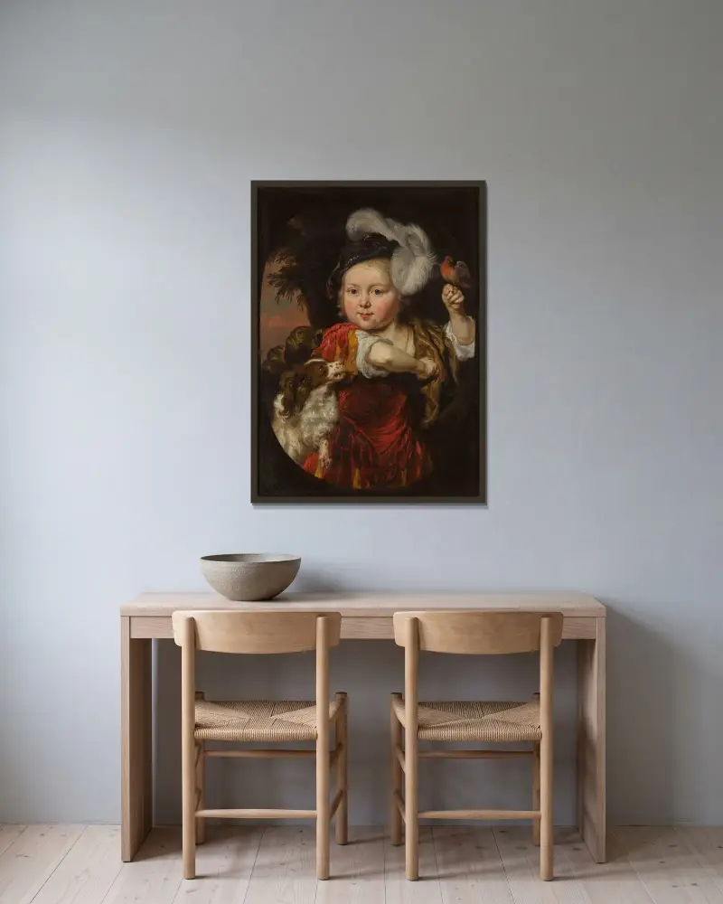 Portret chłopca z gilem i spaniellem, Nicolaes Maes w ramie na ścianie