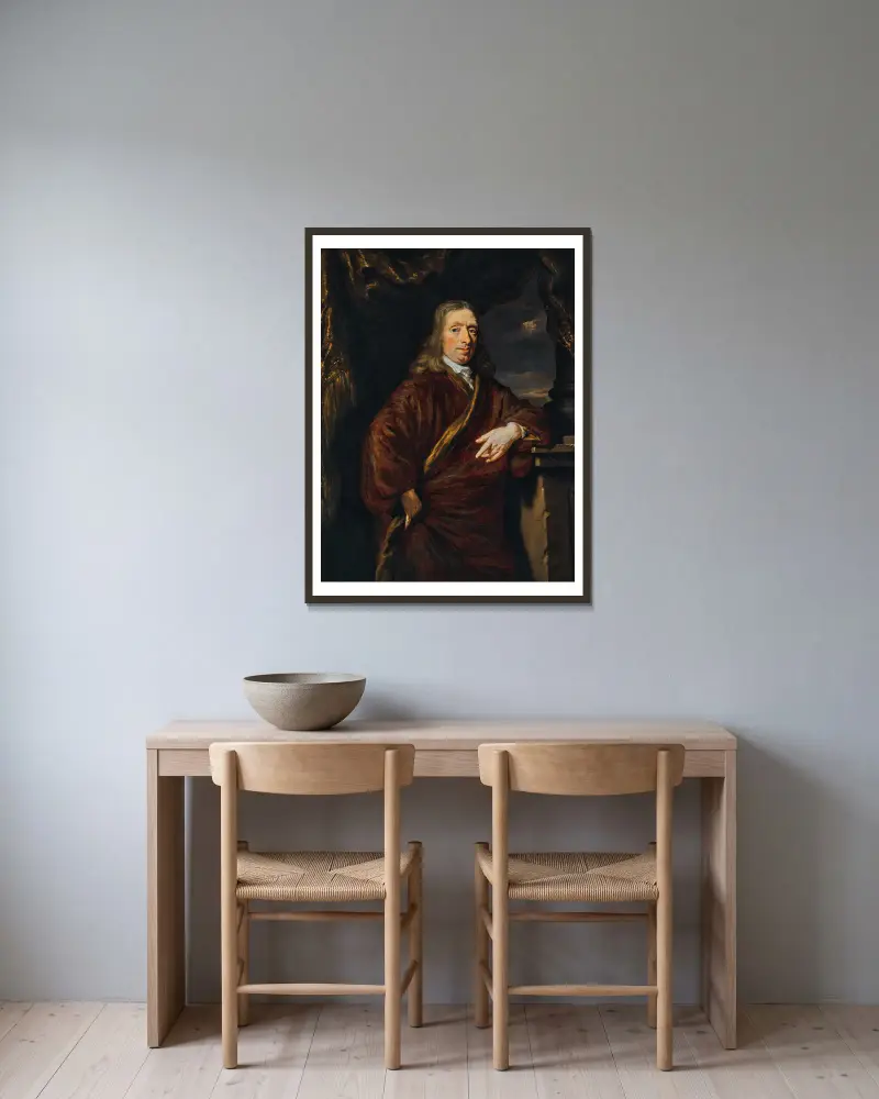 Portrait of a gentleman – nr 1 av Nicolaes Maes inramad på en vägg