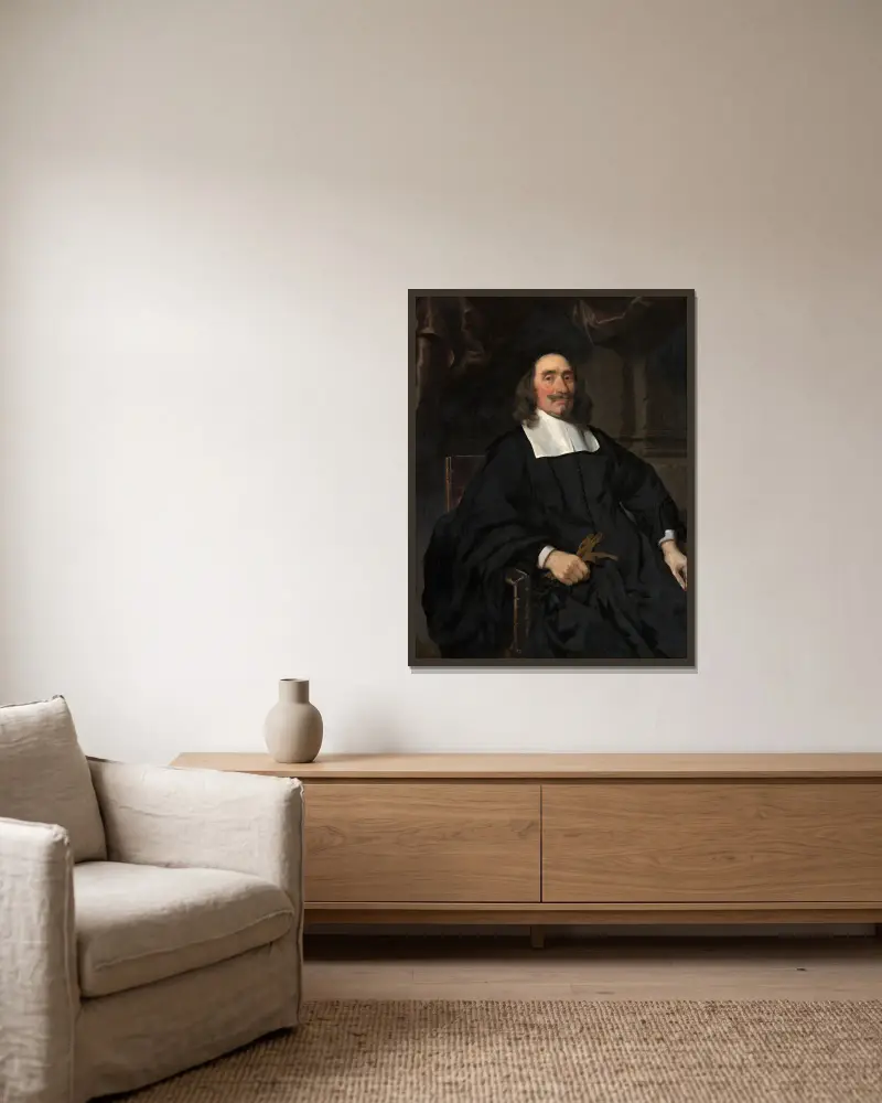 Portrait of a Gentleman, 1671 av Nicolaes Maes inramad på en vägg