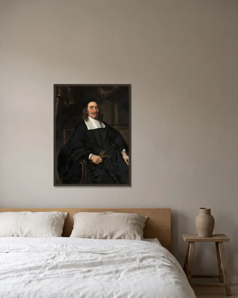 Portrait of a Gentleman, 1671 av Nicolaes Maes inramad på en vägg