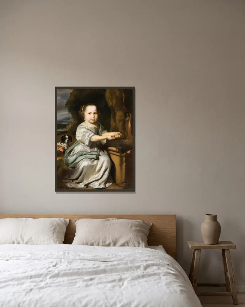 Portrait of a Girl, 1664 av Nicolaes Maes inramad på en vägg