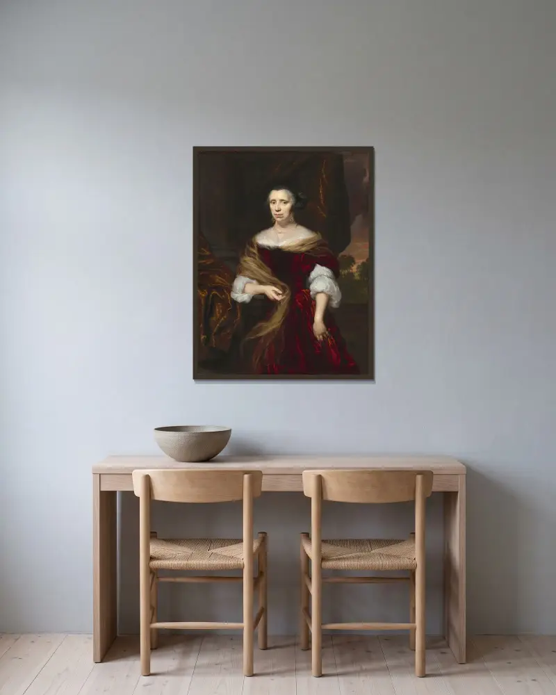 Porträtt av en dam av Nicolaes Maes inramad på en vägg