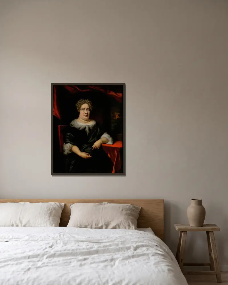 Porträtt av en dam av Nicolaes Maes inramad på en vägg