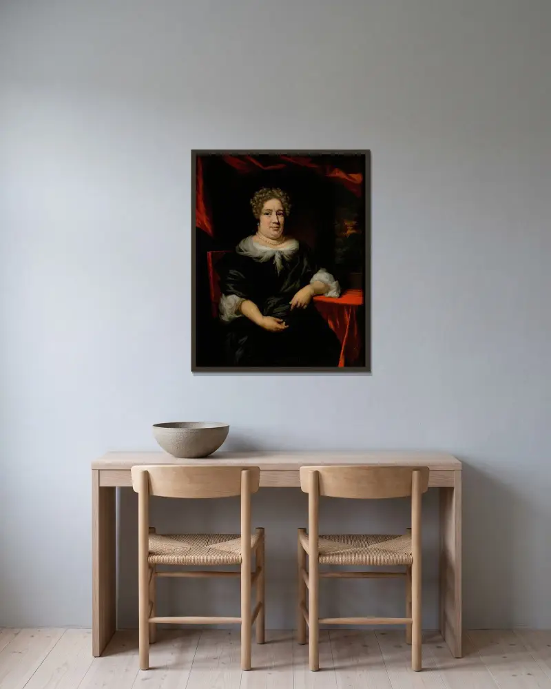 Porträtt av en dam av Nicolaes Maes inramad på en vägg