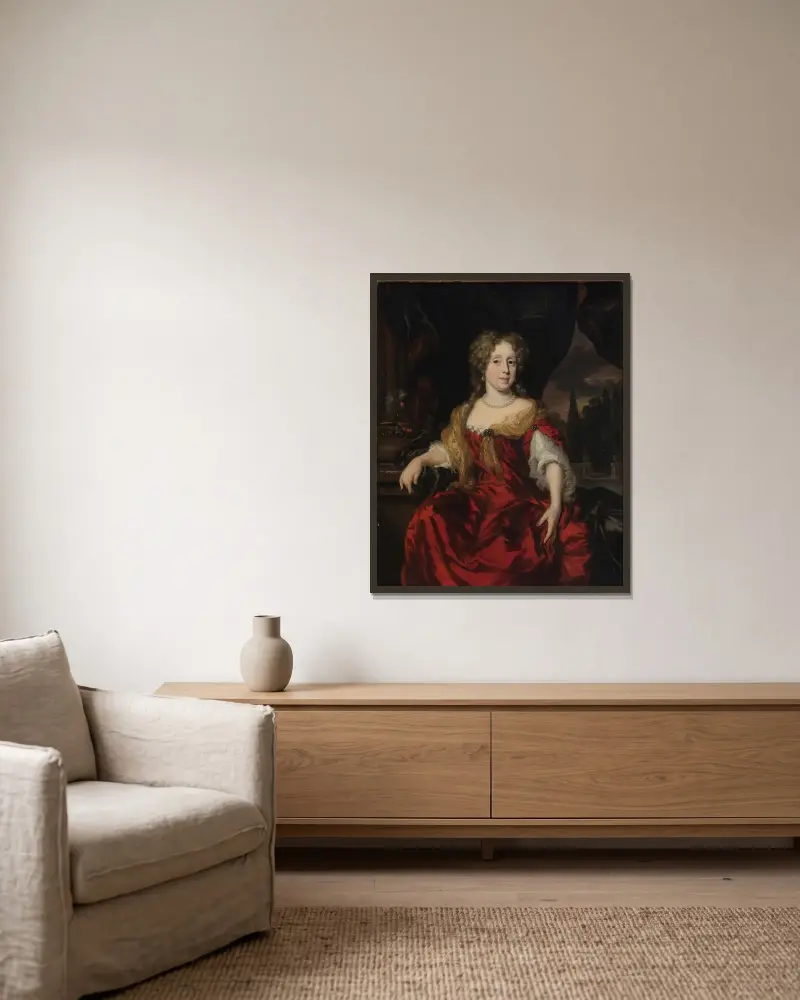 Porträt einer Dame in einem roten Kleid von Nicolaes Maes gerahmt an einer Wand