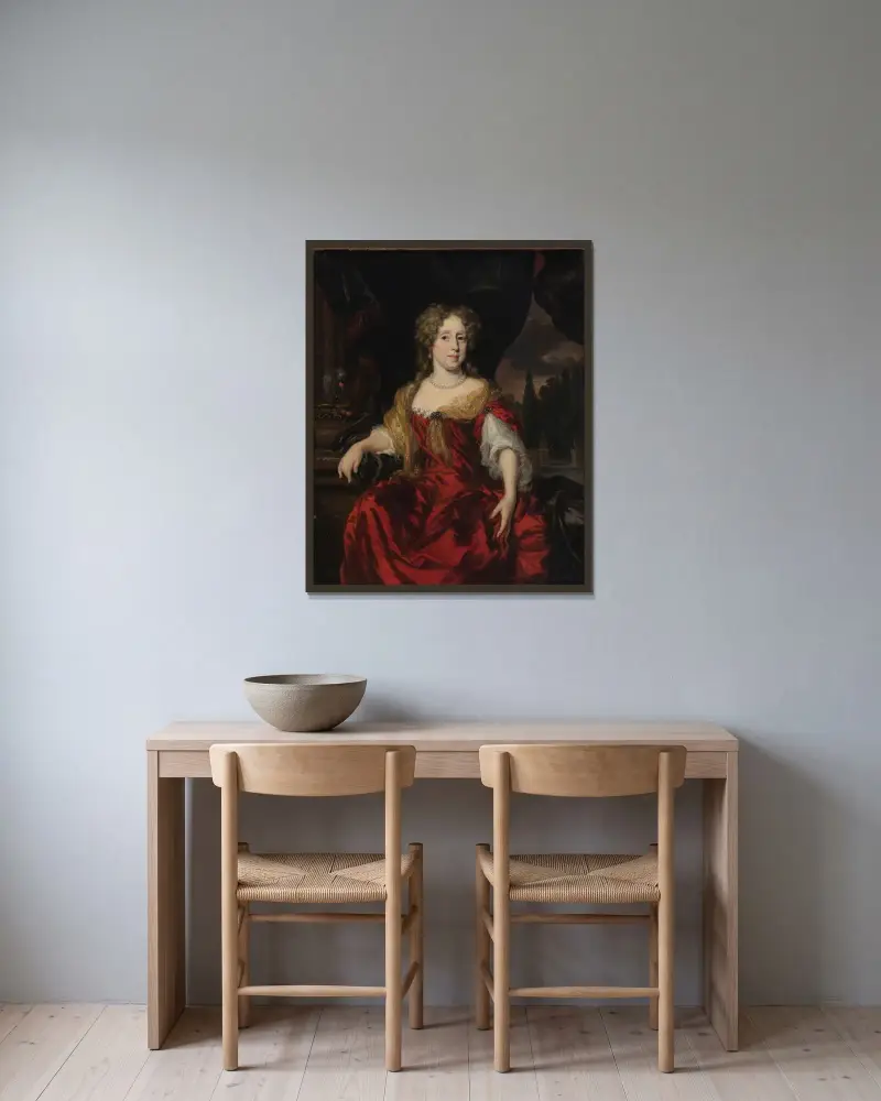 Porträt einer Dame in einem roten Kleid von Nicolaes Maes gerahmt an einer Wand