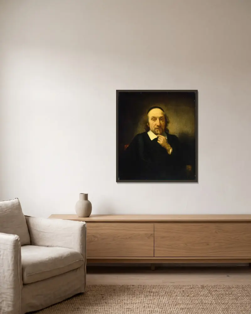 Bildnis eines Mannes, 1650 von Nicolaes Maes gerahmt an einer Wand