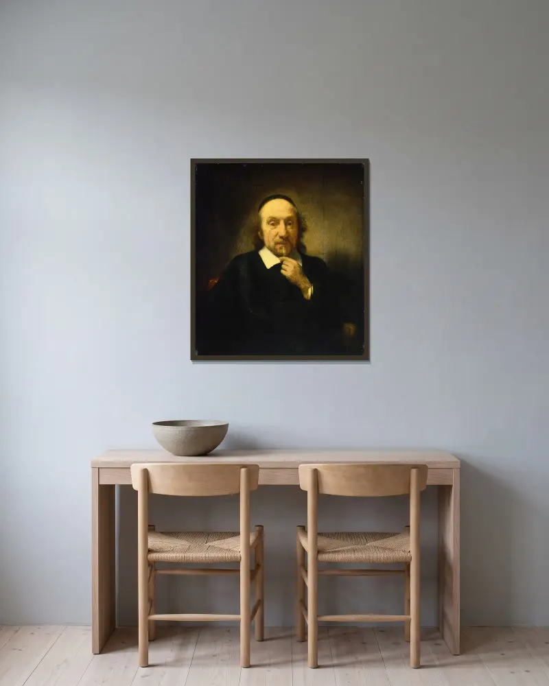 Bildnis eines Mannes, 1650 von Nicolaes Maes gerahmt an einer Wand